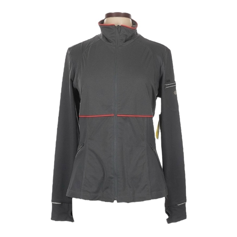 Athleta Cycling Jacket Large Gray Soft Shell Windproof Reflective Thumbholes NWT